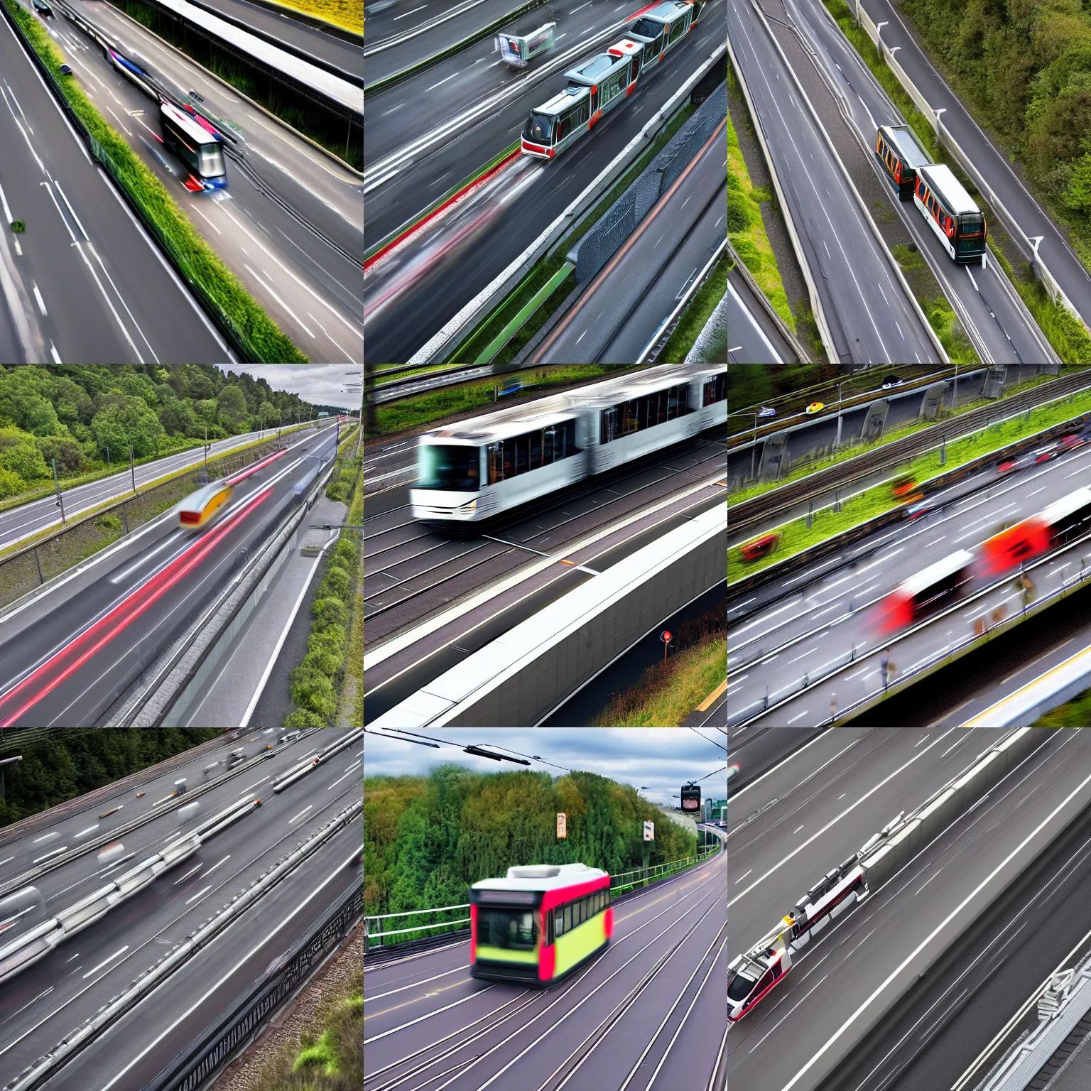 Prompt: a tram crossing a busy motorway, tilt - shift photography