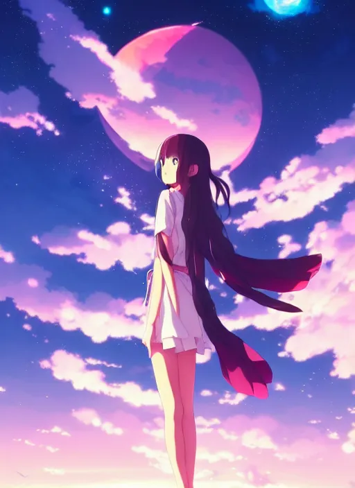 Image similar to anime girl flying in the sky against the backdrop of dawn, saturn in the background, illustration, concept art, anime, key visual, trending pixiv fanbox by wlop and greg rutkowski and makoto shinkai and studio ghibli