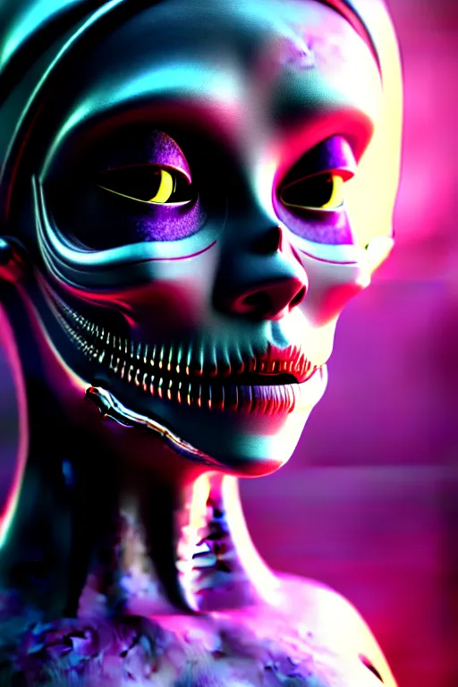 Image similar to ultra detailed, portrait of Female Android, dia de los muertos, scifi, cyberpunk, fantasy, octane render, intricate details, eerie, movie still, artstation, concept art, smooth, sharp focus, no blur, no dof, Unreal Engine 5, Photorealism, HD quality, 8k resolution, cinema 4d, 3D, beautiful, cinematic, art by artgerm and Godmachine and michael welan and DZO and greg rutkowski and alphonse mucha and loish and WLOP