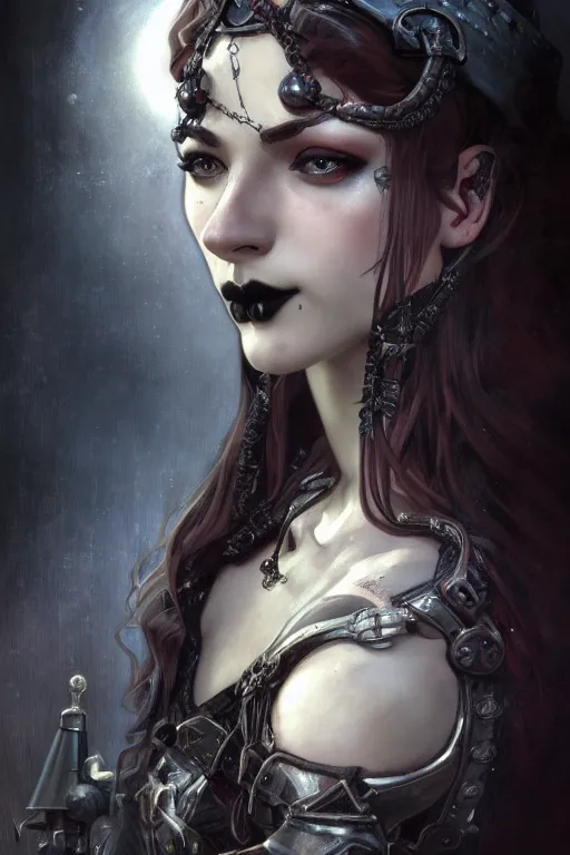 Image similar to beautiful and gothic and evil and luxury and dieselpunk young medieval female knight portrait +smoky eyes+front face with light flowing hair, ultradetail face, art and illustration by tian zi and craig mullins and WLOP and alphonse mucha, fantasy, intricate complexity, human structure, human anatomy, fantasy character concept, watermark, blurry, hyperrealism 8k