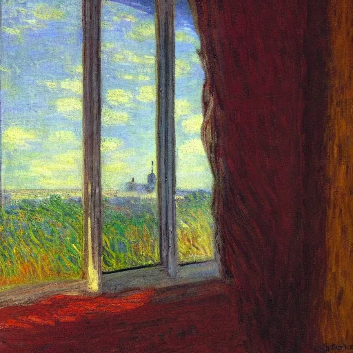 Prompt: it's morning in the house. sunlight is beautifully lighting the face of a sleepy person drinking coffee and looking out the window. depth of field, pleinairism, in the sun, backlit, closeup, oil on canvas, atr by monet, in the style of le promenade, smooth, impressionnisme, 8 k