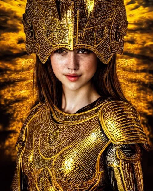 Image similar to mosaic portrait of woman in shining golden armor, high production value, intricate details, high resolution, hdr, high definition, masterpiece, realistic, ultrarealistic, highly detailed, hd, sharp focus, non blurry, sharp, smooth