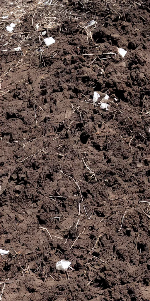 Prompt: a big topdown picture of nightmare horror dirt with trash, bricks, roots and mud. - w 1 0 2 4