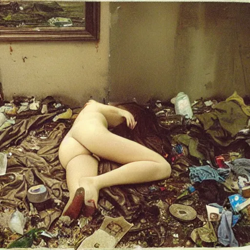 Image similar to a girl mutant Ophelia by Sir John Everett Millais laying on a dirty mattress covered in filth and garbage in an dark concrete basement room covered in trash. 35mm film. Cursed image.