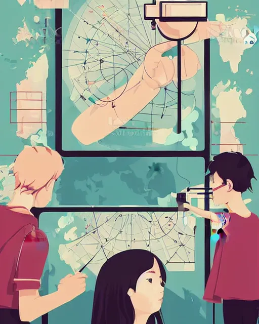 Image similar to a little girl in science lab experiment test tube microscope map. clean cel shaded vector art. minimalist illustration art by lois van baarle, artgerm, helen huang by makoto shinkai and ilya kuvshinov, rossdraws