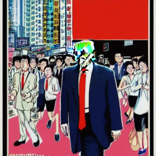 Prompt: glossy old advertising poster, donald trump walking through crowded hong kong street, vendors, drawn comic by junji ito, pastels, gradient