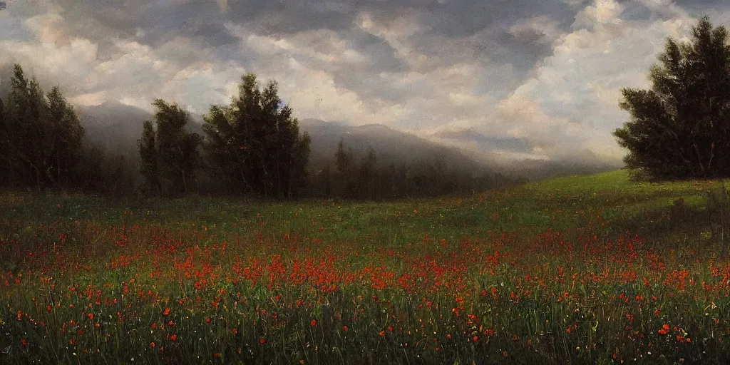 Prompt: a dark oil painting of a beautiful meadow; masterpiece; extremely-detailed; by Carravaggio