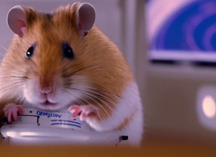 Image similar to film still of a hamster working for mission control at nasa, 8 k