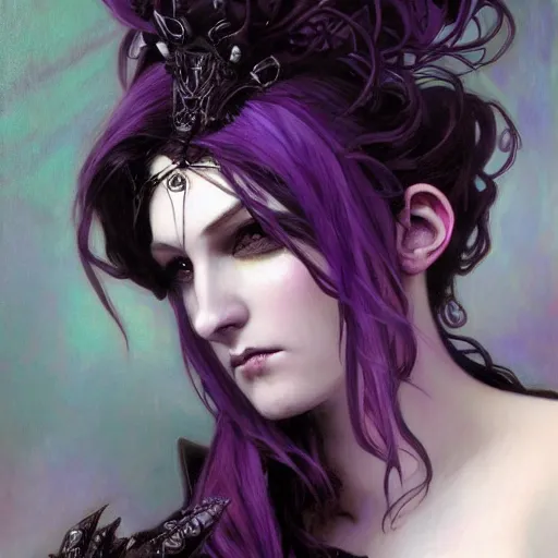 Image similar to dark goth queen with purple eyes, by jeremy mann and alphonse mucha, fantasy art, photo realistic, dynamic lighting, artstation, poster, volumetric lighting, very detailed faces, purple eyes, 4 k, award winning dark, goth, queen, dark fantasy, purple, hyperrealistic portrait, art of elysium, full figure, very detailed face,