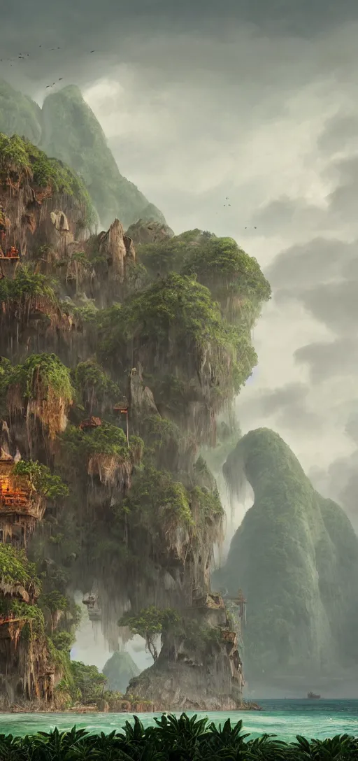 Image similar to wooden fortress on a tropical island with ruff shore cliffs, skull Island, kingkong,landscape, raphael lacoste, eddie mendoza, alex ross, john howe, concept art, matte painting, highly detailed, rule of thirds, dynamic lighting, cinematic, detailed, denoised, centerd, clean render