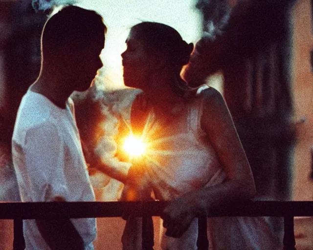 Image similar to lomo photo of pair standing on small hrushevka balcony full with cigarette smoke in small russian town looking at sunset, cinestill, bokeh