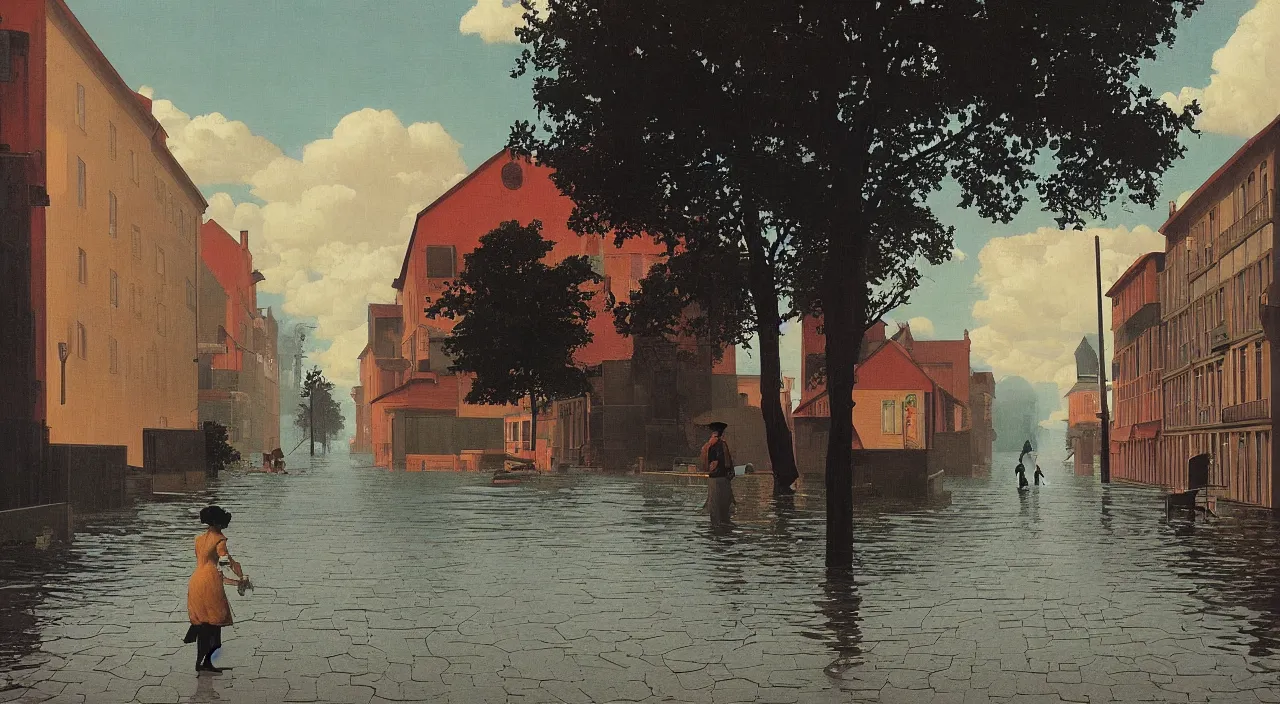 Image similar to single flooded simple wooden empty street, very coherent and colorful high contrast!! masterpiece by rene magritte simon stalenhag carl spitzweg syd mead norman rockwell edward hopper james gilleard, minimalist, dark shadows, sunny day, hard lighting