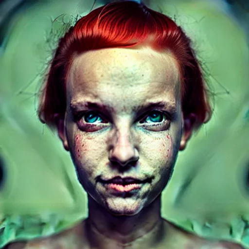 Image similar to a fantastic portrait photograph of a smiling girl with red hair and green eyes by Alessio Albi, symmetrical face, artstation, deviantart, hyperrealism