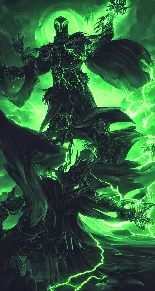 Image similar to illustration of dark priest holding green lightning, black halo, evil, power, green mist, scary, photorealistic, unreal engine, hellish background , Mtg , Dnd ,