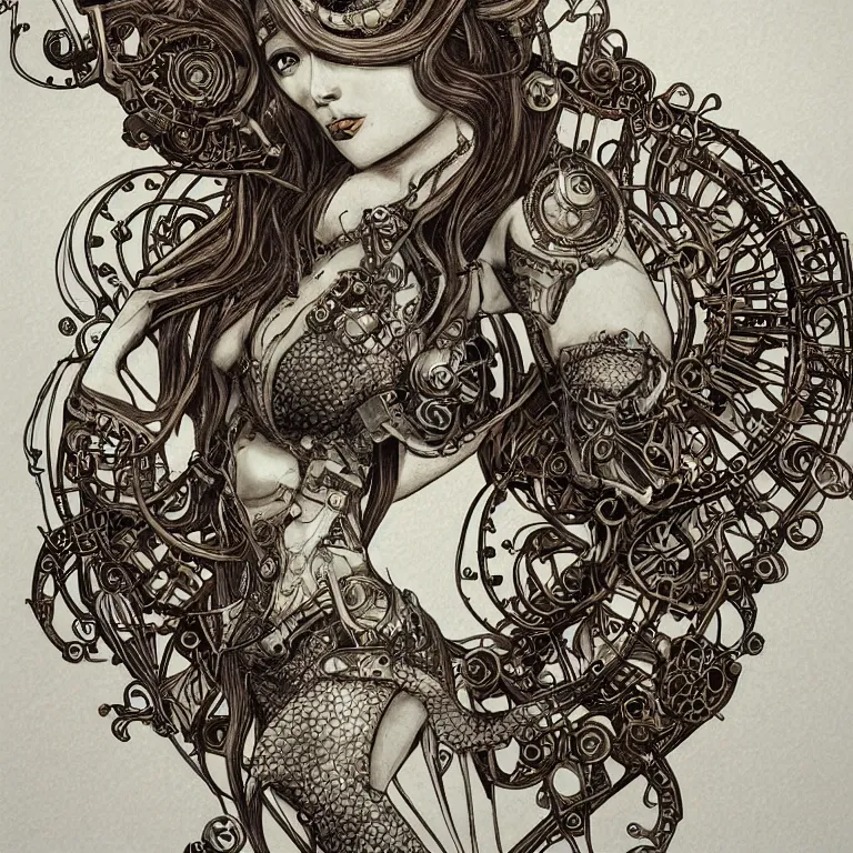 Image similar to ultra realistic illustration of mermaid cyborg steampunk art nouveau filgree scrollwork