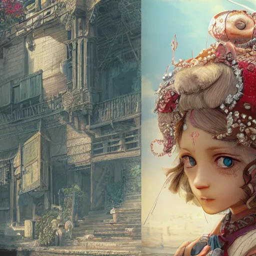 Image similar to character portrait of the monkey princess with gorgeous detailed eyes in the marketplace in the sky, color page, tankoban, 4 k, tone mapping, doll, akihiko yoshida, james jean, andrei riabovitchev, marc simonetti, yoshitaka amano, long hair, ape, curly