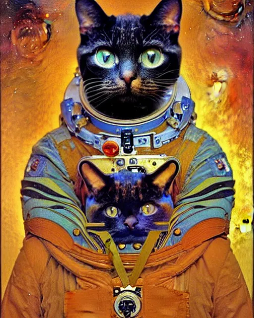 Prompt: cosmonaut cat portrait an oil painting splashes with many colors and shapes by gustav klimt greg rutkowski and alphonse mucha, polycount, generative art, psychedelic, fractalism, glitch art