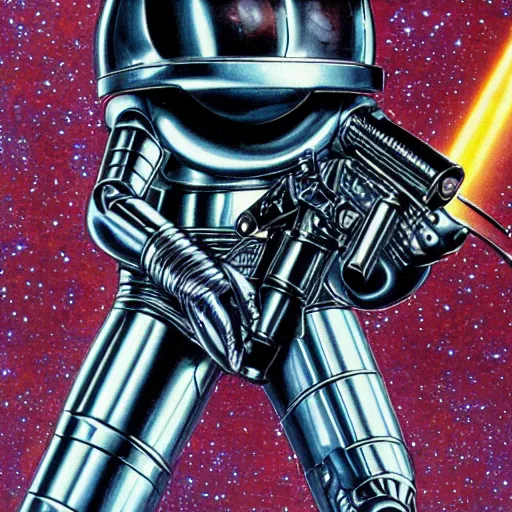 Prompt: 1 9 8 0's heavy metal album art, a shiny reflective detailed chrome android firing a giant rifle - style blaster rifle designed by ridley scott inside an alien spaceship