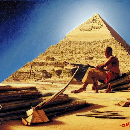 Image similar to painting of a man cutting wood in front of egypt pyramids, painted by drew struzan