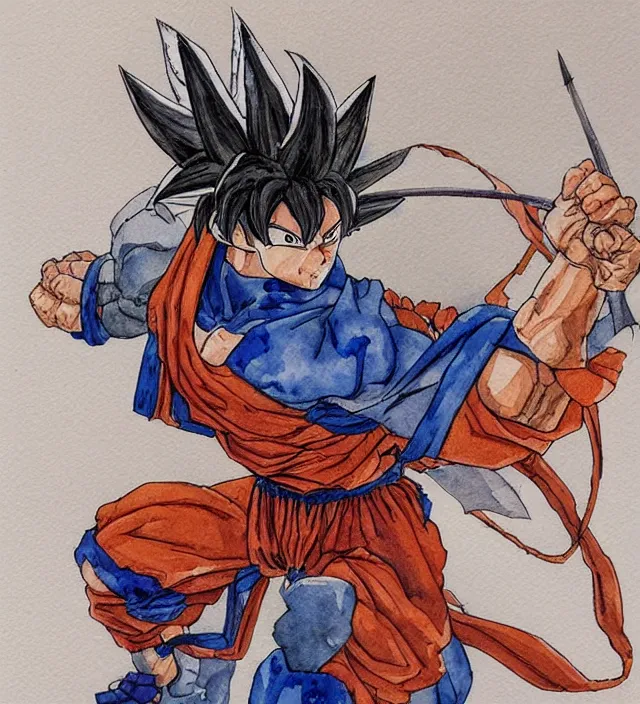 Image similar to a 3 / 4 view watercolor ink painting of goku as a knight in the style of jean giraud in the style of moebius trending on artstation deviantart pinterest detailed realistic hd 8 k high resolution