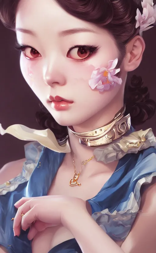 Image similar to a pin up and beautiful fashion charming dreamlke korea girl with lv jewelry, character art, art by artgerm lau and kyoung hwan kim and and ilya kuvshinov and john singer sargent, hyperdetailed, 8 k realistic, symmetrical, frostbite 3 engine, cryengine, dof, trending on artstation, digital art