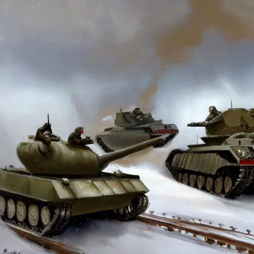 Prompt: greg manchess painting of a tank fight in the world war two in winter with a heavy snow storm, painting, trending on artstation, by huang guangjian and gil elvgren and sachin teng