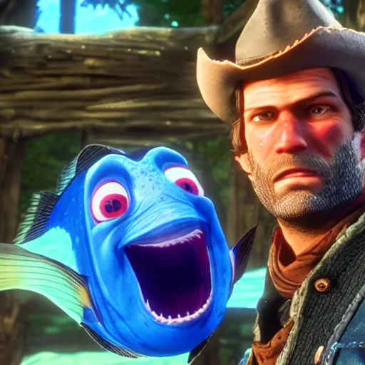 Prompt: Arthur Morgan as a fish in the style of Finding Nemo