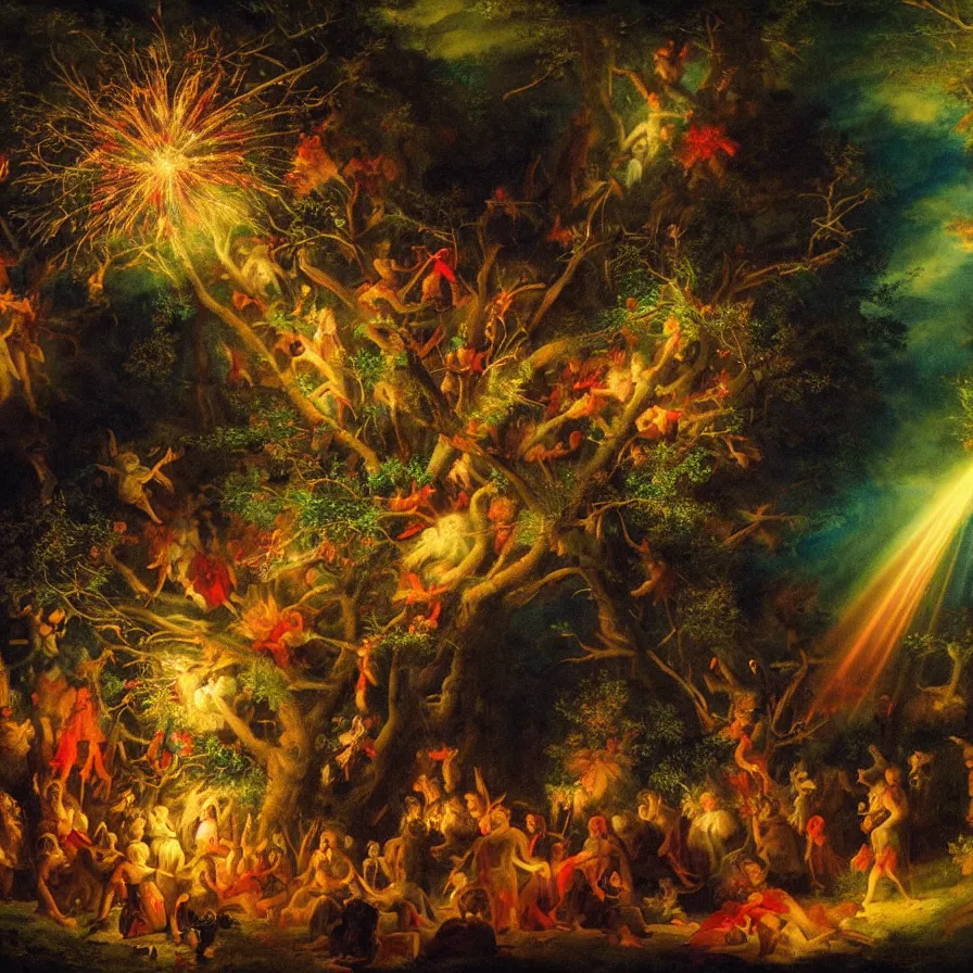 Image similar to closeup of a night carnival inside a tree cavity in a magical forest in the middle of a summer storm, with a music scenario with many fireworks and christmas lights, volumetric lightning, instense god rays in the sky, folklore people disguised with fantastic creatures in a magical forest by summer night, masterpiece painted by ary scheffer, very coherent and colorful high contrast masterpiece,