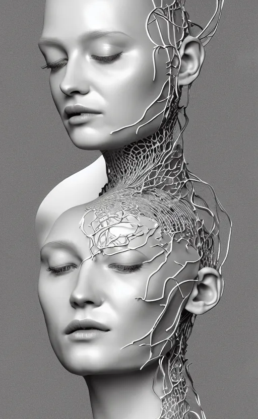 Image similar to complex 3d render of a beautiful porcelain profile woman face, vegetal dragon cyborg, 150 mm, beautiful natural soft light, rim light, silver gold details, magnolia leaves and stems, roots, fine lace, maze like, mandelbot fractal, anatomical, facial muscles, cable wires, microchip, elegant, highly detailed, white metallic armour, octane render, black and white, H.R. Giger style