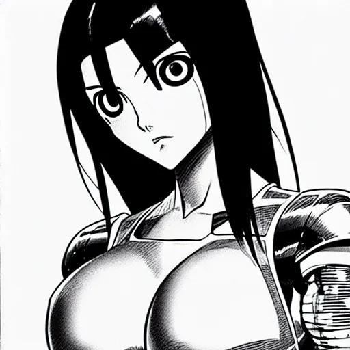 Image similar to alita by yukito kishiro. medium shot. black and white manga. pencil drawing. high detailed face