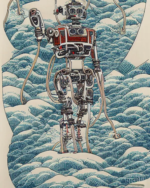 Image similar to Hokusai portrait of a robot saint made of cables and robotic pod by James Jean