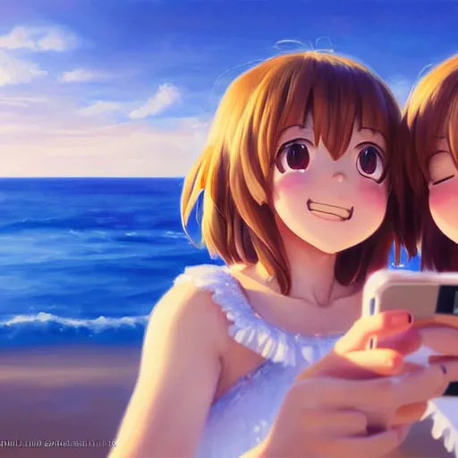 Prompt: beautiful serene intricate very detailed portrait of ochako uraraka and ochako uraraka taking a selfie, smiling softly, relaxing on the beach, golden hour, soft focus, 8 k, art by irakli nadar, hyperrealism, hyperdetailed, ultra realistic