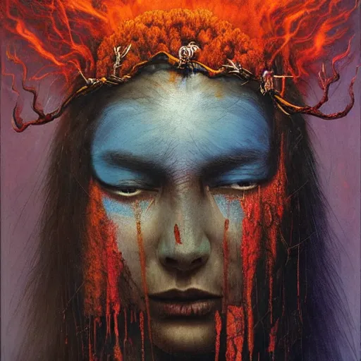 Image similar to A young blindfolded shaman woman with a decorated headband from which blood flows, blue hair and wood on her head. The background is a forest on fire, made by Esao Andrews and Karol Bak and Zdzislaw Beksinski