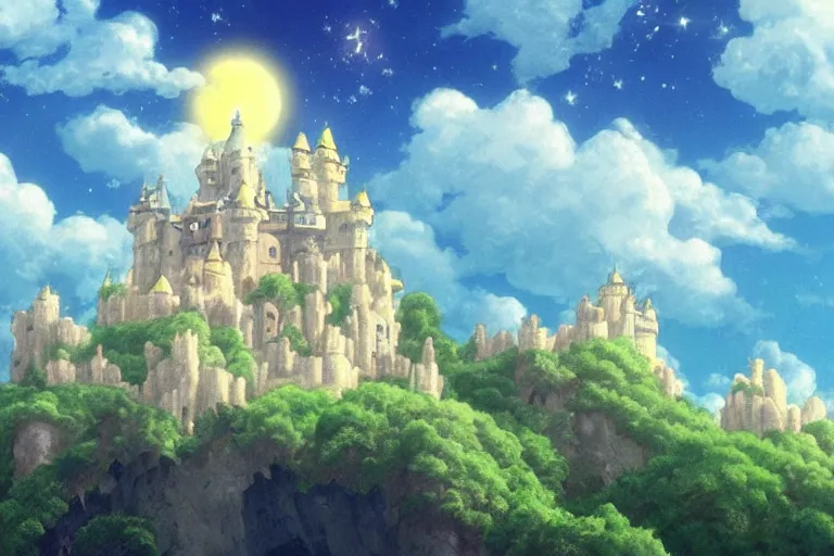 Prompt: Castle made of clouds, celestial light, divine, ghibli