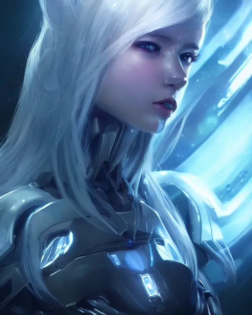 Image similar to perfect android girl on a mothership, warframe armor, beautiful face, scifi, futuristic, galaxy, nebula, raytracing, dreamy, long white hair, blue cyborg eyes, sharp focus, cinematic lighting, highly detailed, artstation, divine, by gauthier leblanc, kazuya takahashi, huifeng huang