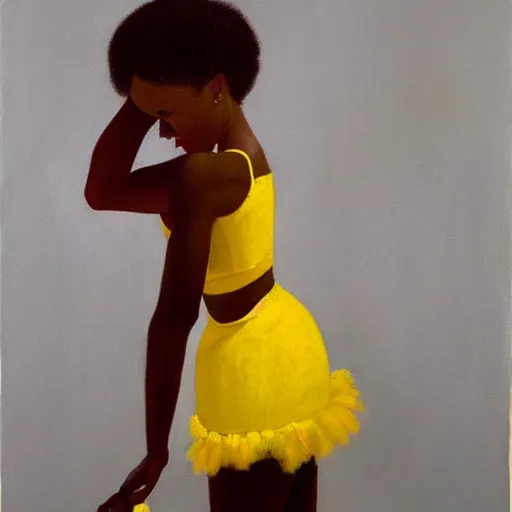 Image similar to african american woman wearing a yellow tutu, portrait artwork by jack vettriano h 6 4 0