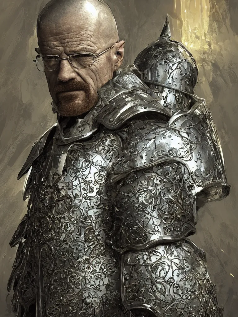 Image similar to Walter white, European beautiful luxury and evil and victorian and gothic medieval white armor knight portrait, front face, ultradetail face, ruined gothic cathedral, art and illustration by tian zi and craig mullins and WLOP and alphonse mucha, ssci-fi, fantasy, intricate complexity, human structure, hypermaximalist, fantasy character concept, dynamic lighting, shafts of golden light, f/1.2, hyperrealism 8k