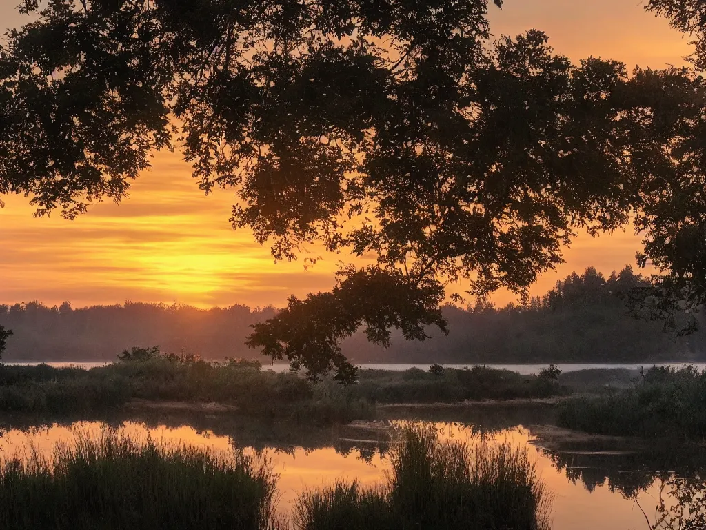 Image similar to a calm, soothing and cozy landscape, sunset, lake