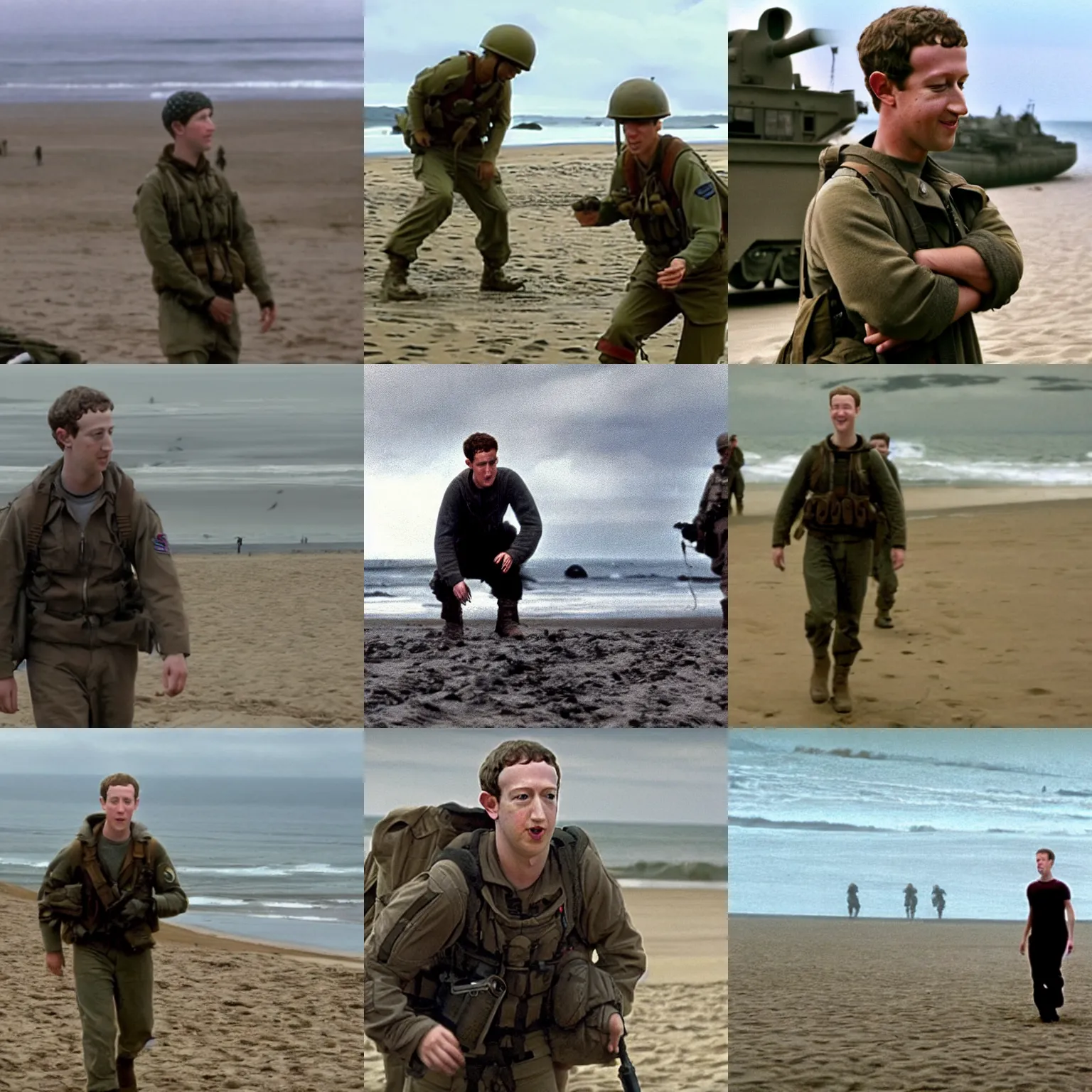 Prompt: Movie still of Mark Zuckerberg on Omaha Beach in Saving Private Ryan