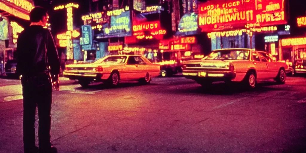 Image similar to 8 0 s polaroid photo, cinema still from movie taxi driver, robert de niro watching night streets, neon signs, colorful haze, americana, high production value, 8 k resolution, hyperrealistic, photorealistic, high definition, high details, tehnicolor, award - winning photography, masterpiece, amazing colors
