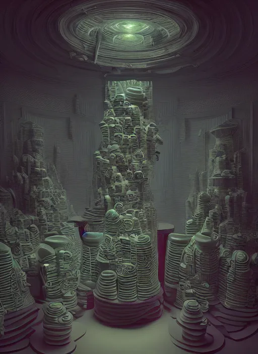 Image similar to highly detailed surreal vfx portrait of a 3 d landscape of stacks of recursive speakers, polyphonic ecstacy, ornate, hyperrealistic, octane render, chiaroscuro, inspired by james jean, android jones, beeple, rhads, alphonse mucha, frostbite 3 engine