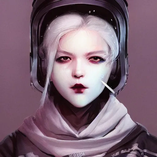 Prompt: very cool girl white hair girl with mask, streetwear, techwear, cyberpunk style outfit, full body, nose piercing, detailed portrait, intricate complexity, by greg rutkowski, artgerm, ross tran, conrad roset, takato yomamoto, ilya kuvshinov. 4 k, beautiful, cinematic dramatic atmosphere