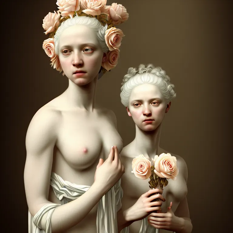 Prompt: neoclassical art closed detailed portrait of a wonderful sweet expressive symmetrical albino goddess dressed with a majestic semi transparent silk roses long dress, ornate, intricate, detailed, dramatic light, rembrandt style, gregory crewdson light, octane render