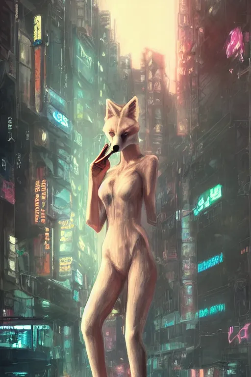 Prompt: beautiful portrait of a tall white female anthro fox smoking a cigarette towering head and shoulders above the bustling crowd of a rainy city street around her, sci fi bodysuit, cyberpunk, harsh neon lights, highly detailed, sharp focus, digital painting, illustration, trending on artstation, art by sakimichan, wlop, greg rutkowski