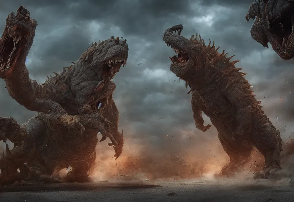 Image similar to vfx color film closeup, huge behemoth monster creature fury beast by aaron sims, in residential street, low - key lighting award winning photography arri alexa cinematography, hyper real photorealistic cinematic beautiful, atmospheric