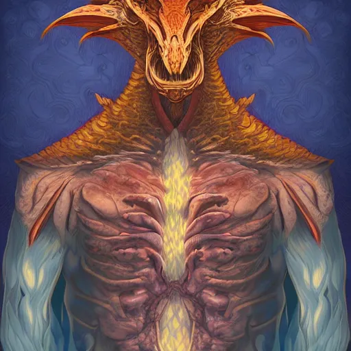 Prompt: man with the soul of a dragon, dragon coming out of his chest, digital art