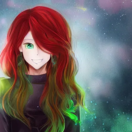 Image similar to anime infp girl with red hair and green eyes, with a bright smile, dreamy, very atmospheric, intricate, hyper detailed digital art