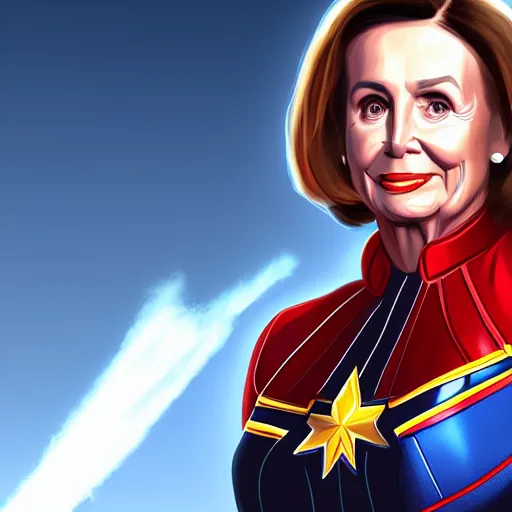 Prompt: Nancy Pelosi as Captain Marvel, digital art, cgsociety, artstation, trending, masterpiece