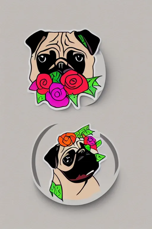 Image similar to pug eating flower. art by samantha mash, sticker, colorful, illustration, highly detailed, simple, smooth and clean vector curves, no jagged lines, vector art, smooth