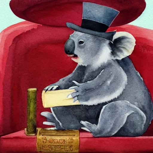 Prompt: watercolor painting of a koala wearing a top hat and a monocle sitting in a red chair having a conversation with a capybara sitting in black chair and smoking a cigar in a library full of books - n 3